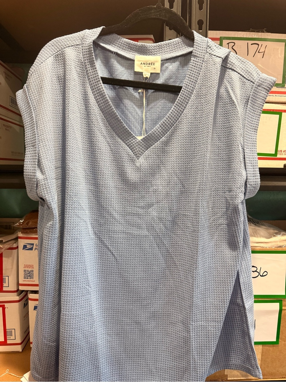 B194 - Andrée by Unit Dusty Blue Waffle V Neck Relaxed Top